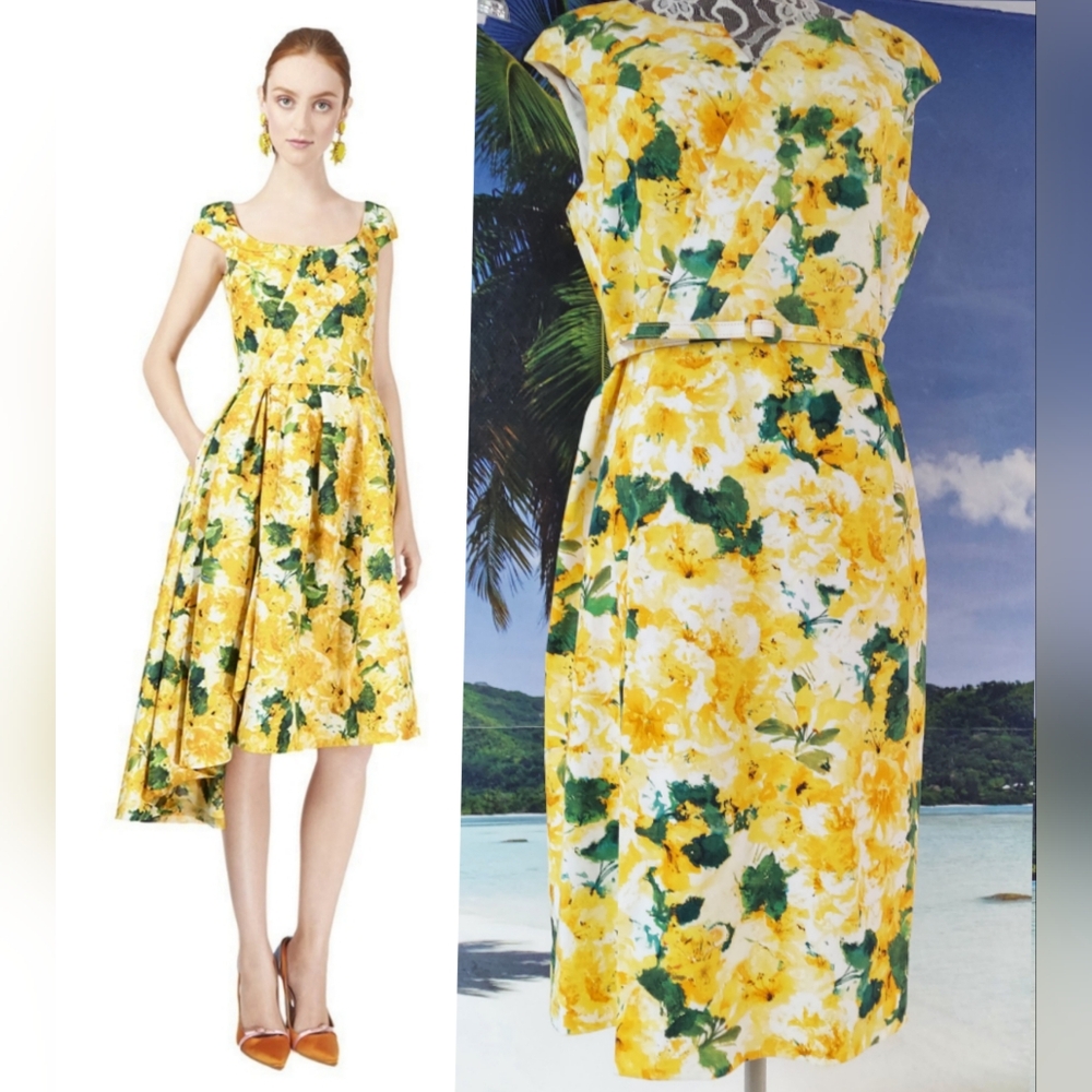 $2,800 OSCAR DE LA RENTA YELLOW FLORAL RUNWAY MIDI DRESS US 14